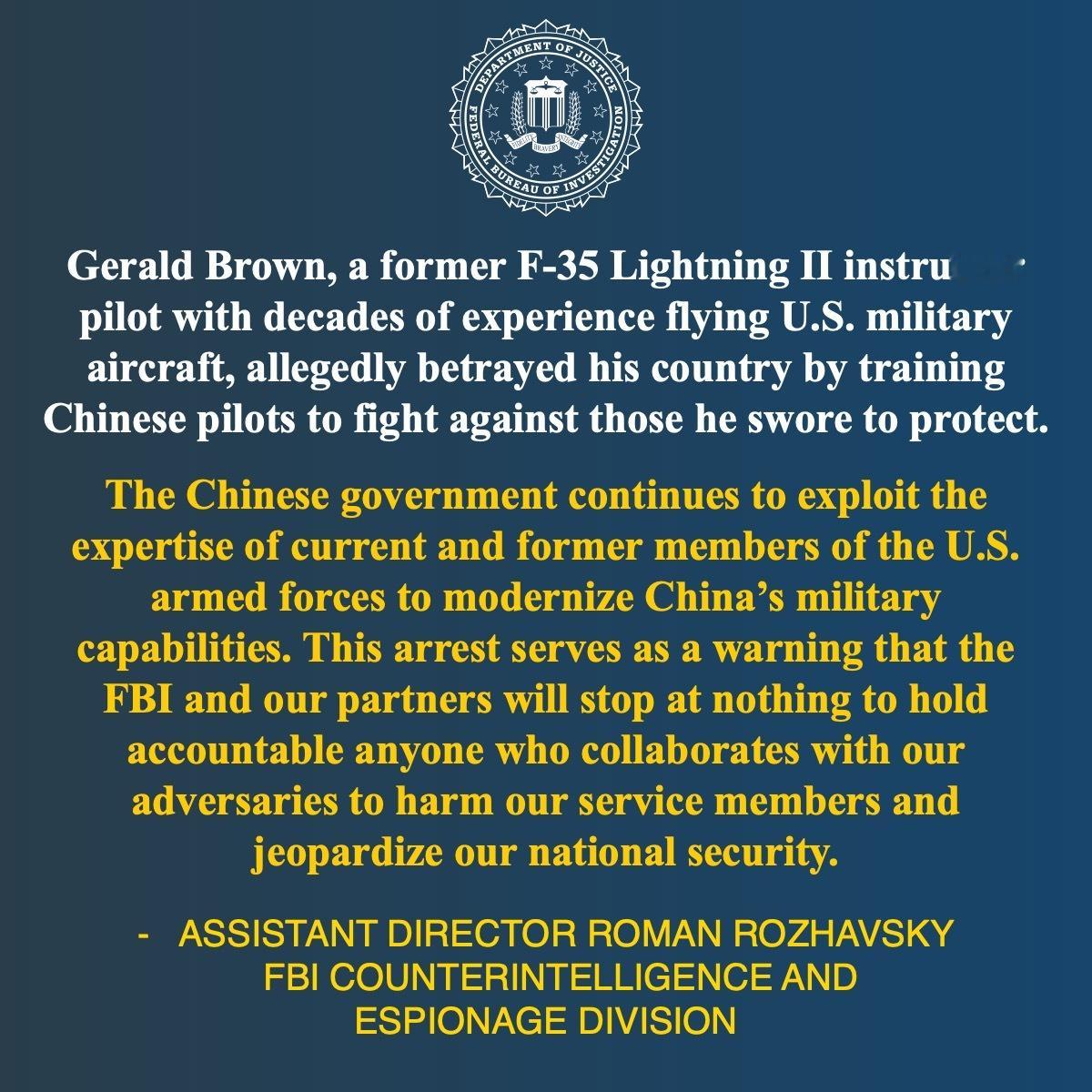 突发 美国政府逮捕了一名前美国空军F-35飞行教官拥有24年军龄，具备多种机型的