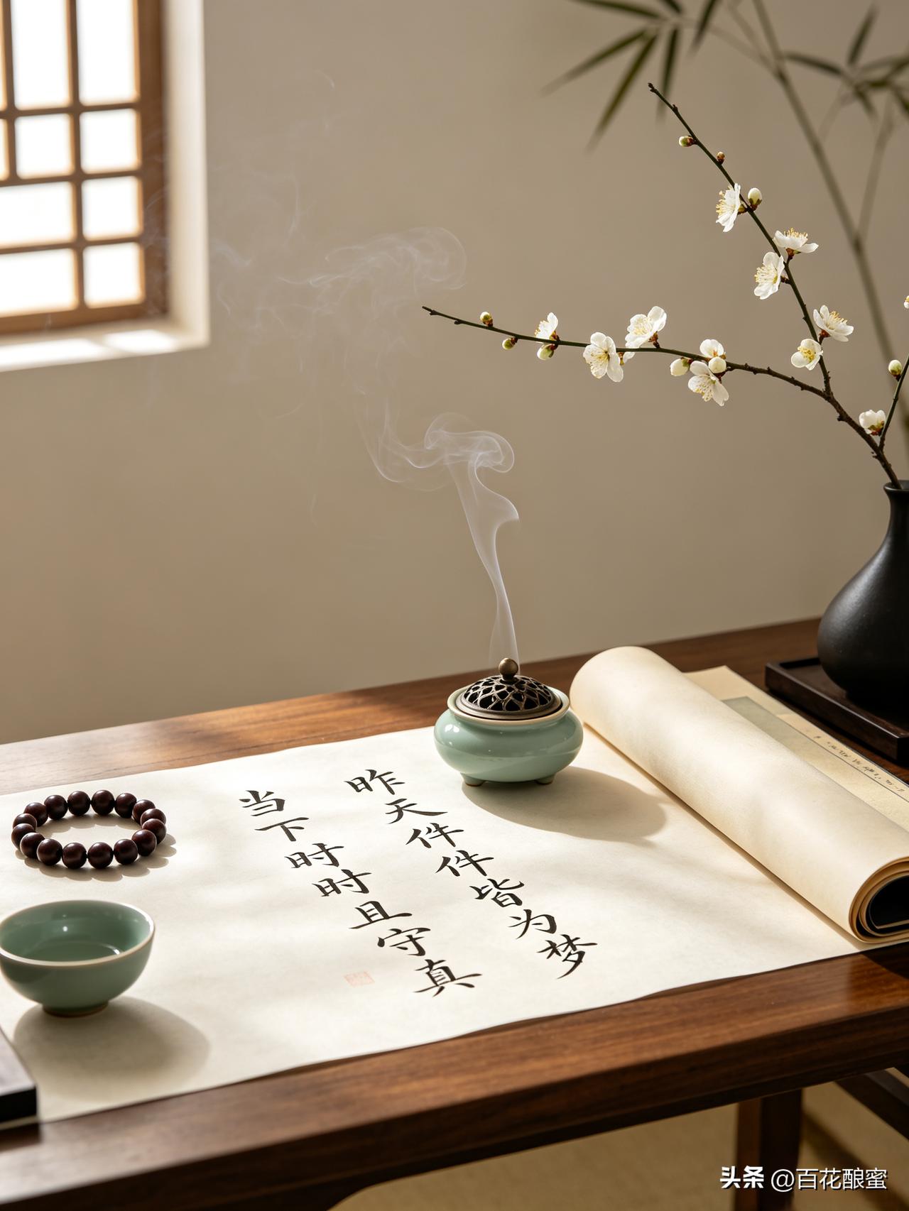 昨天件件皆为梦，
今日时时且守真。

过往万般如梦，不必怅惘；活好当下，于此刻点