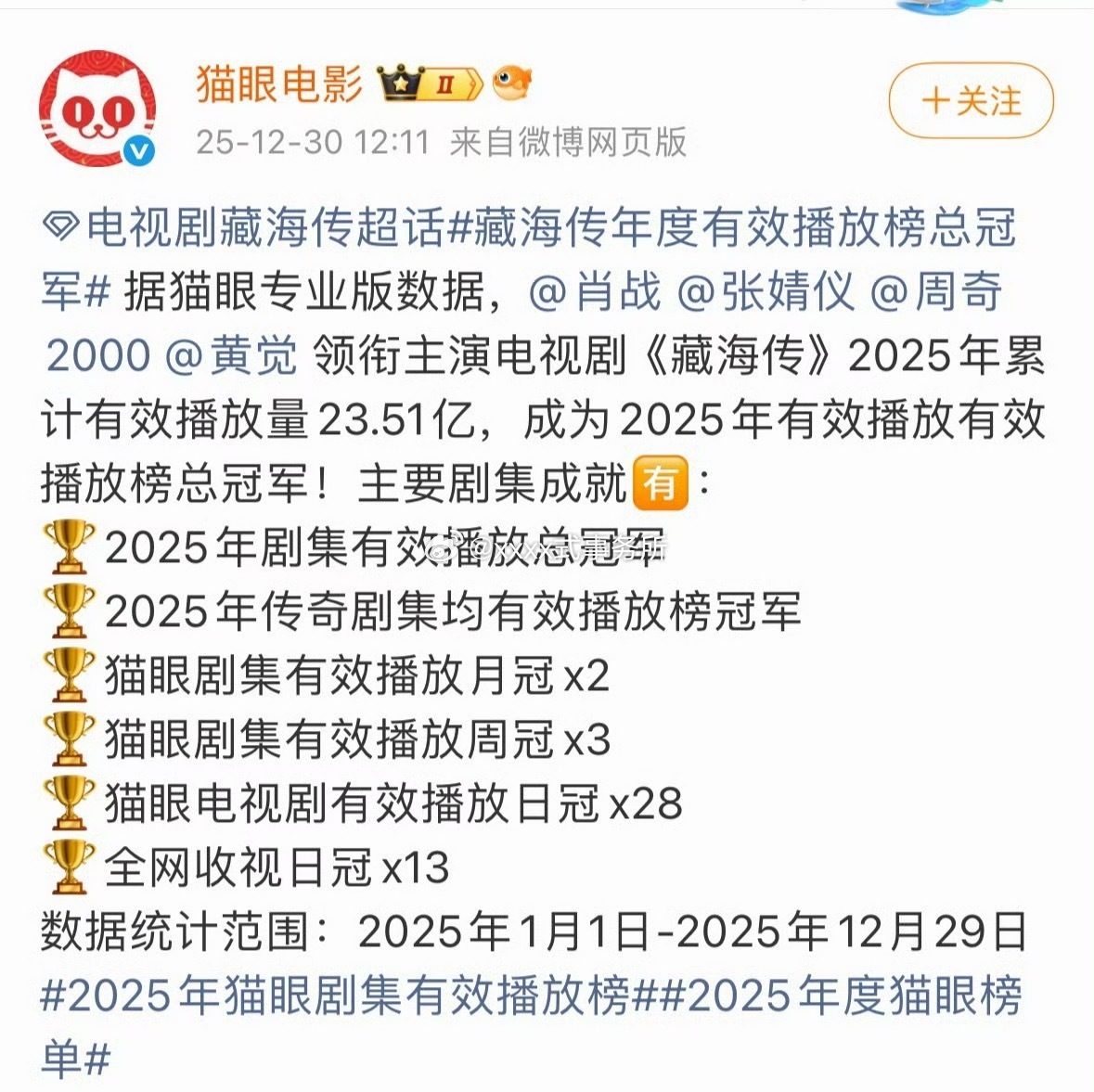 猫眼 灯塔全部认证肖战藏海传为2025年总冠军和剧王 