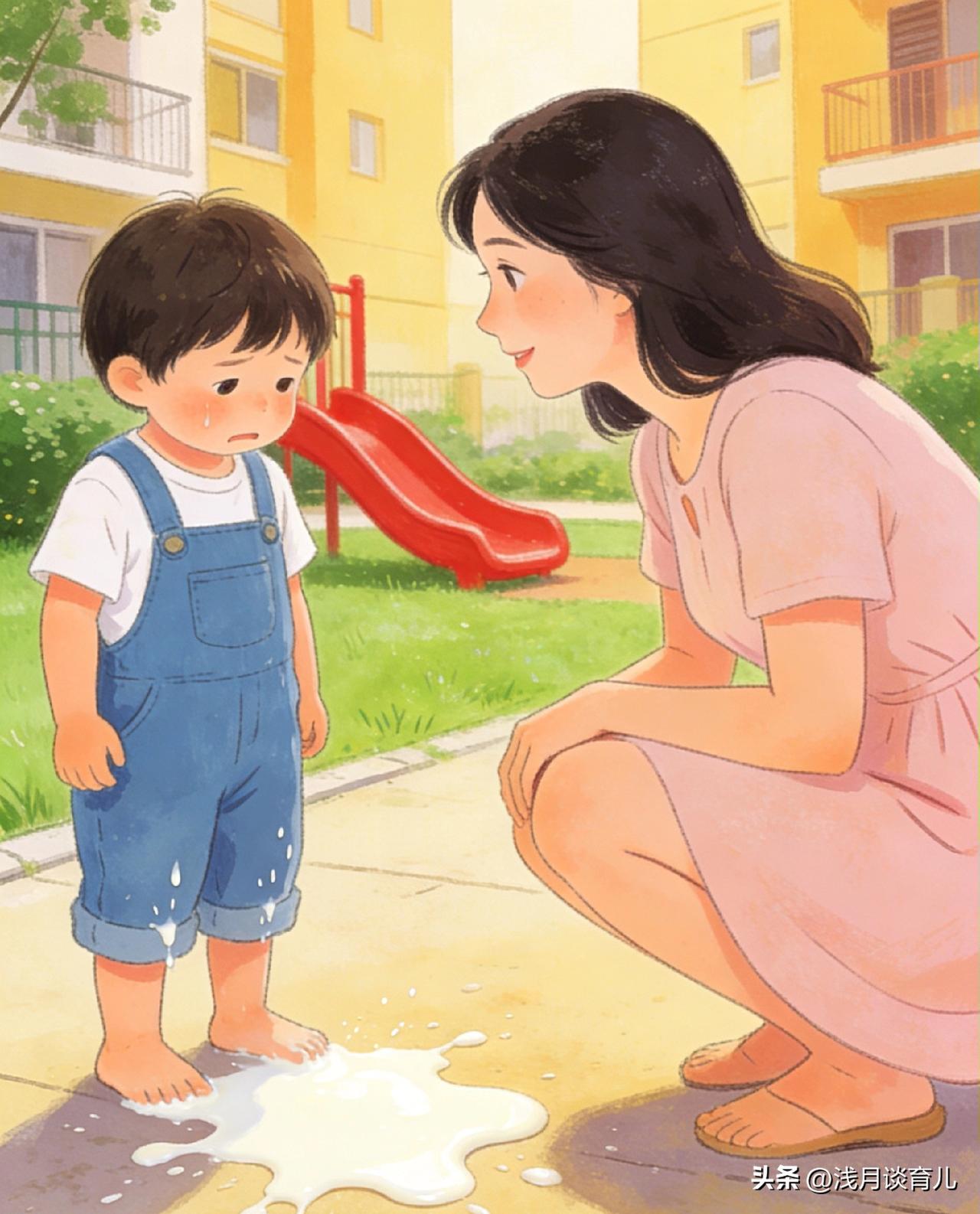 昨天在小区看到一幕：
孩子不小心把牛奶洒了一地，妈妈立刻发火：
“你怎么这么笨！