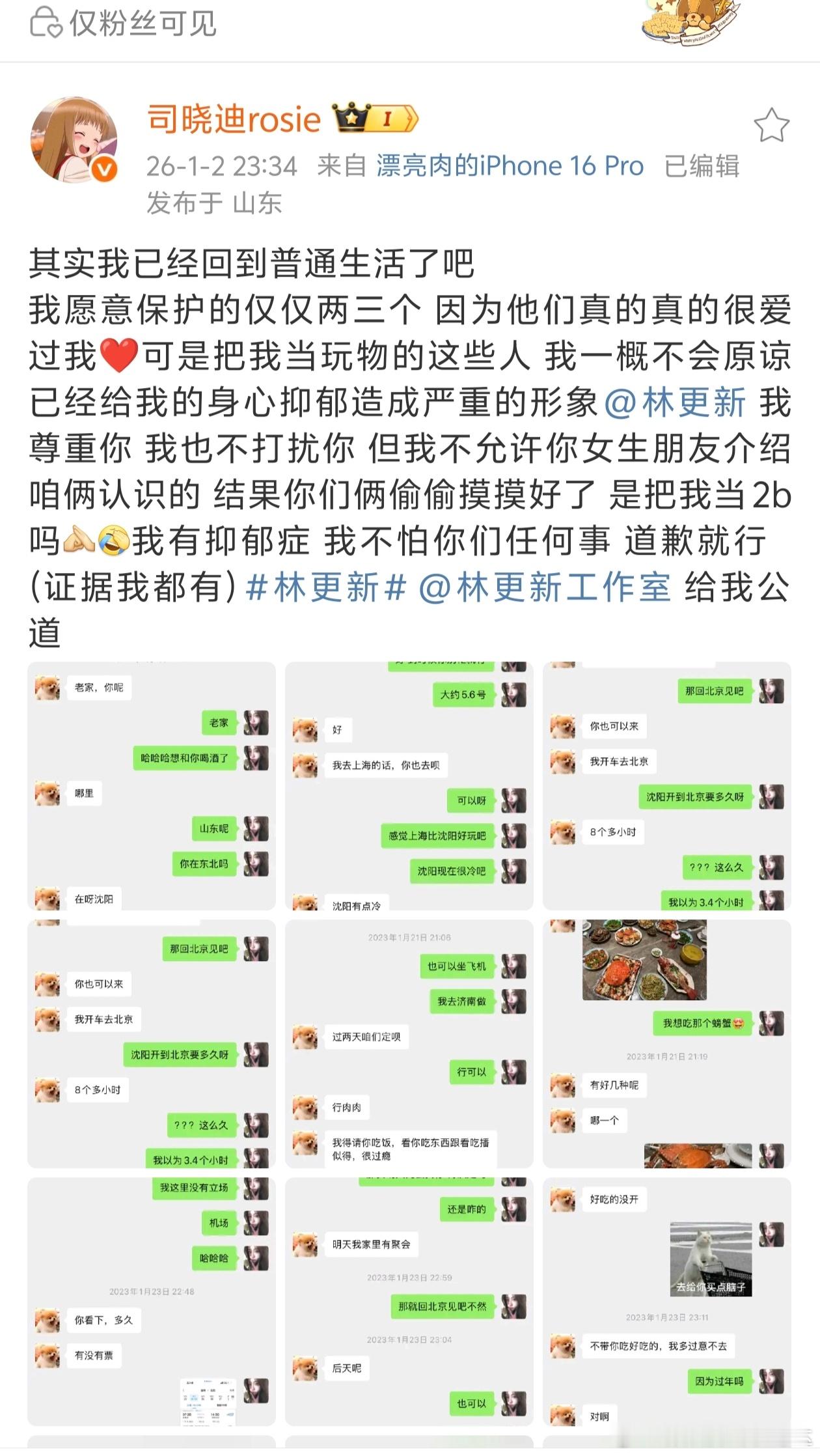 原来司晓迪没有删除和林更新的聊天记录截图，只是设置了浏览权限。只有关注她的粉丝才