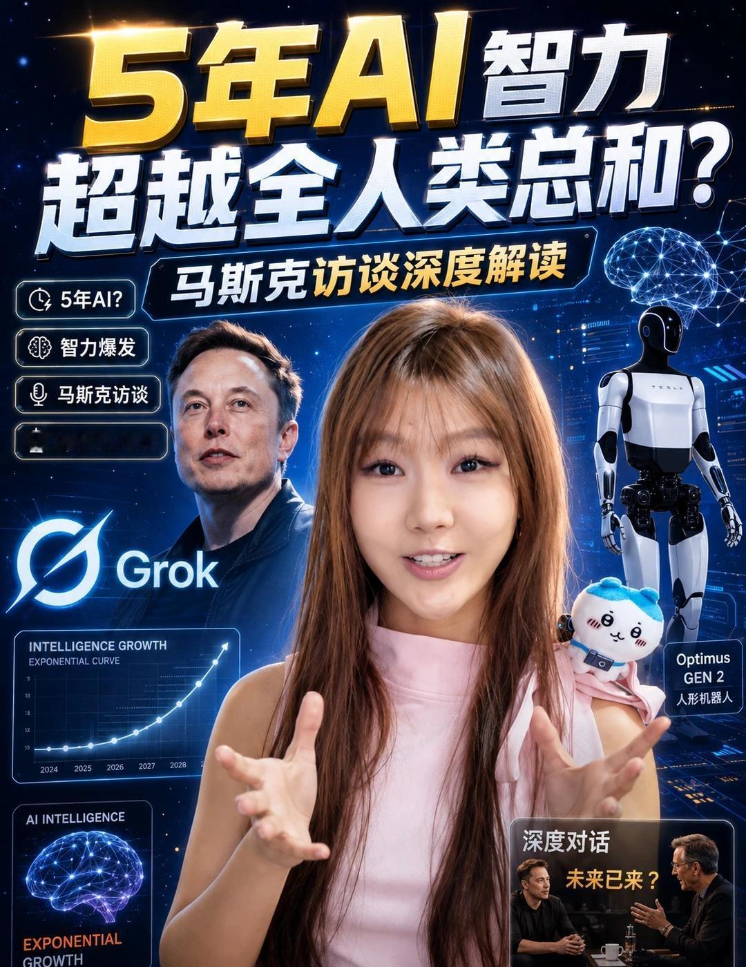 马斯克最新访谈：5年 AI智力超越人类
马斯克 预判：✅5年内AI综合智力超越全
