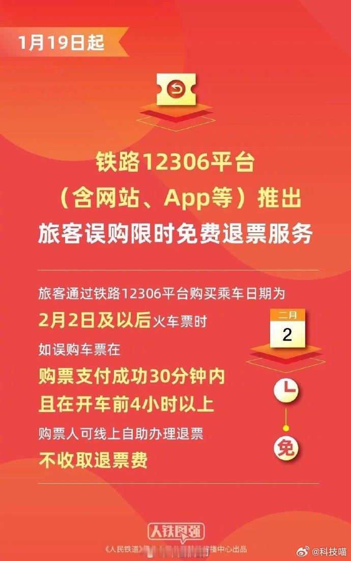 12306旅客误购限时免费退票适用范围：通过12306平台购买、乘车日期在2月2