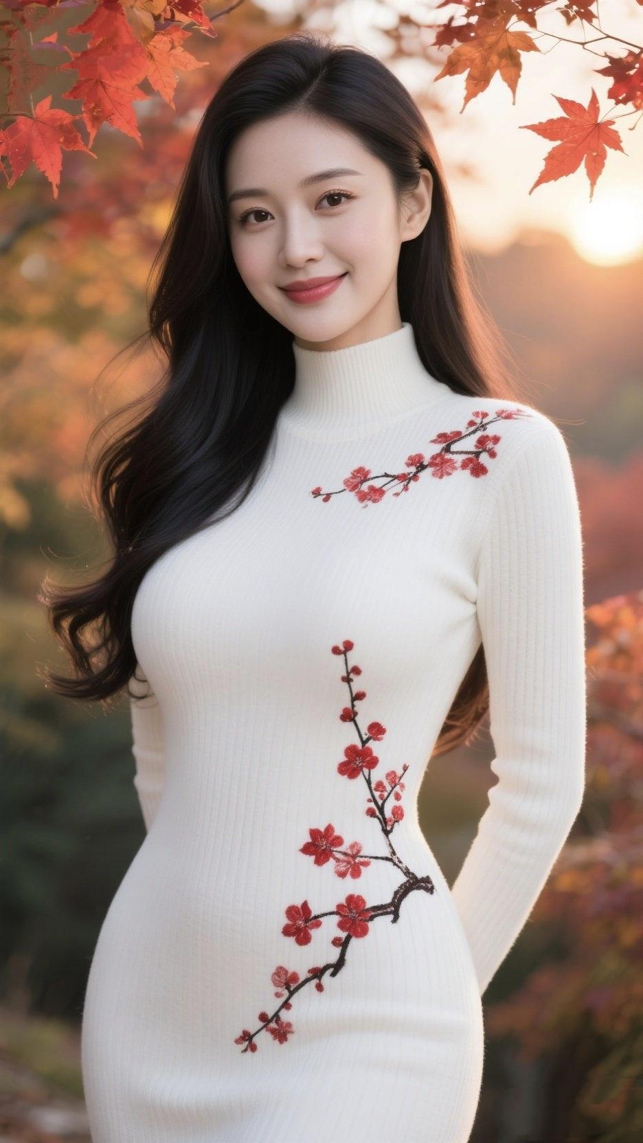 《秋光里的梅与你》
 
夕阳把枫叶熬成了暖红
你站在秋光里，像一捧初融的雪
高领