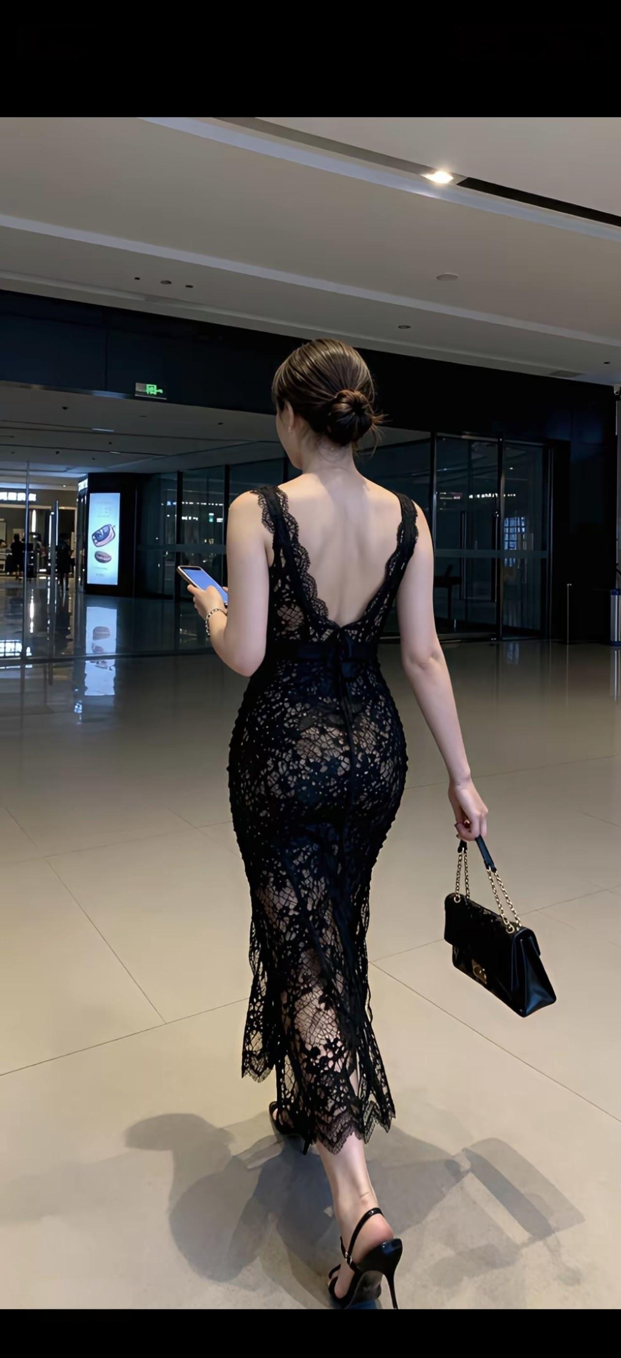 黑裙美人行，手提包影随。