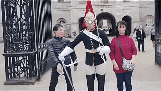 不管哪个国家，卫兵神圣不可侵犯。这位大叔还以为是在国内，自己退休金多，什么都可以