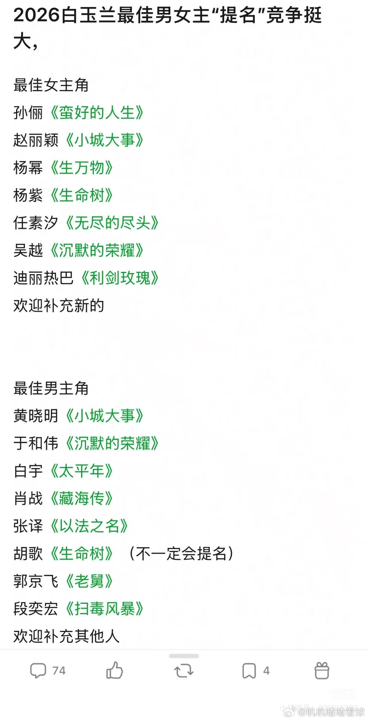 2026白玉兰提名名单预测，我自己感觉我预测的这些大家都应该喜欢看！ 