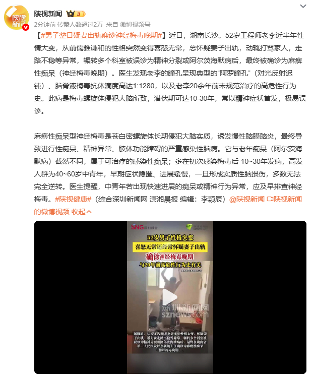 男子整日疑妻出轨确诊神经梅毒晚期长沙52岁工程师半年内性情大变，从儒雅温和变得疑