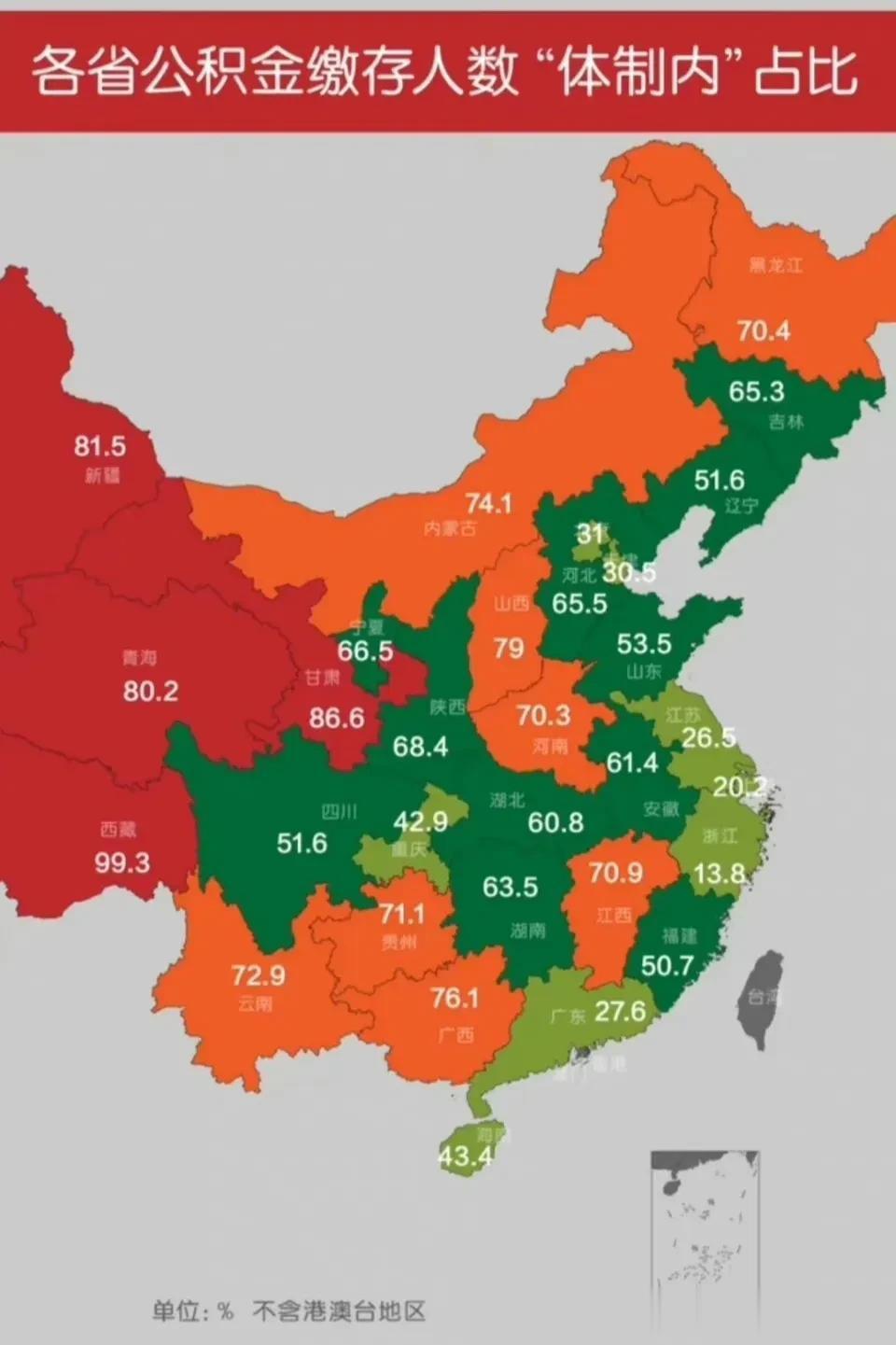 各省份公积金缴存人数“体制内”占比分布图