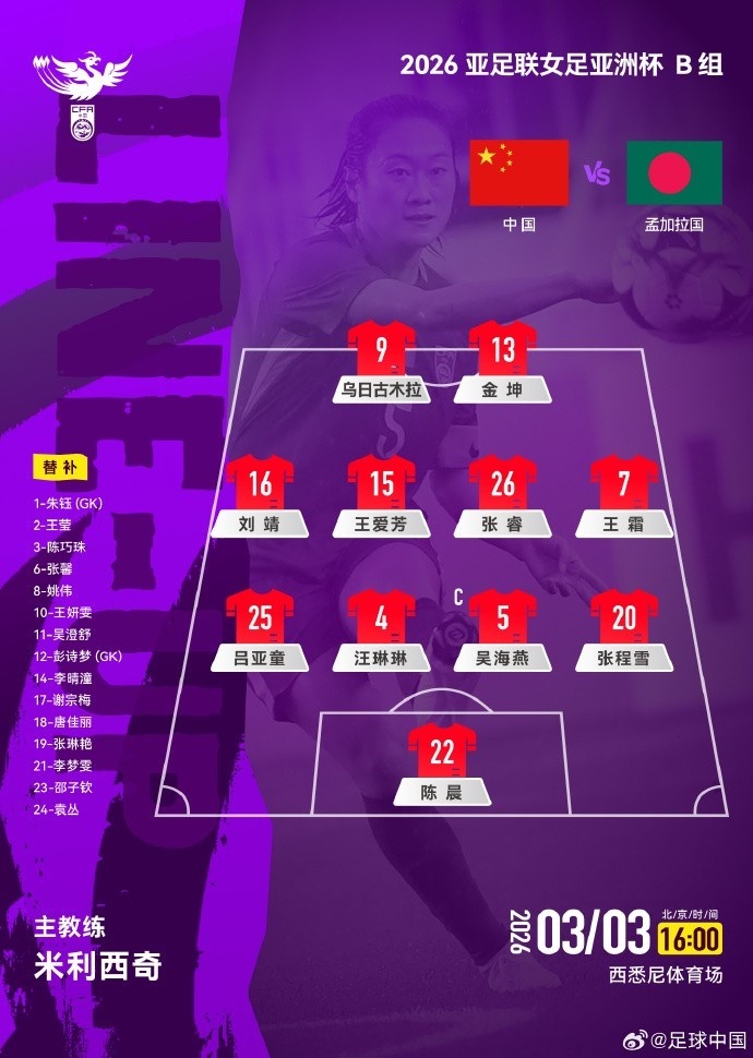 中国女足vs孟加拉国女足中国女足vs孟加拉国首发名单 官方给出的女足站位图！！！