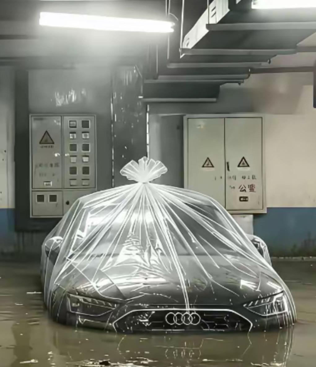 奥迪车被塑料薄膜包裹，停车场内积水严重，这真是个好办法，雨🌧️季到了，大家都很