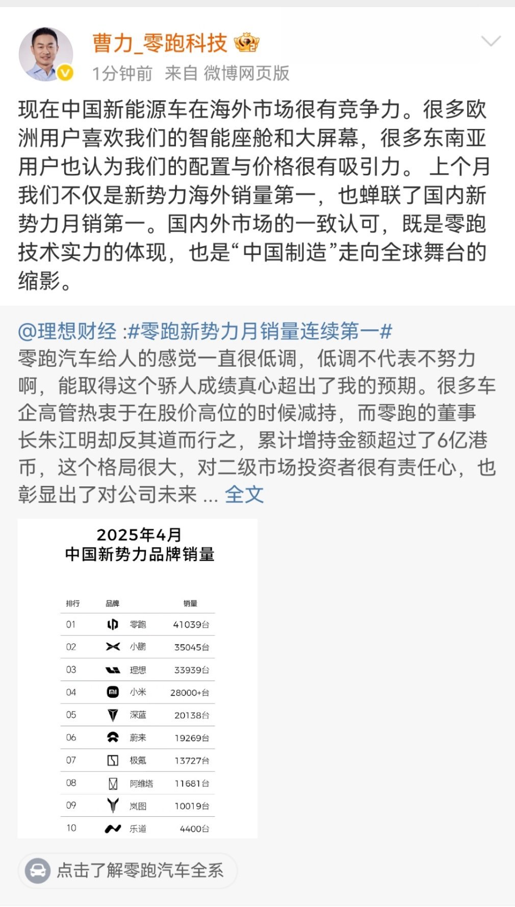 这条微博，我猛一看怎么？理想官方微博在夸零跑？揉了揉眼睛，哦，理想财经……[允悲