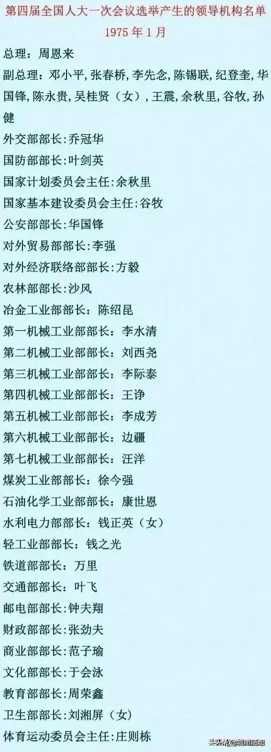 1975年国务院各部门领导人员名单
在这一时期，周恩来担任中国的总理，邓小平则担