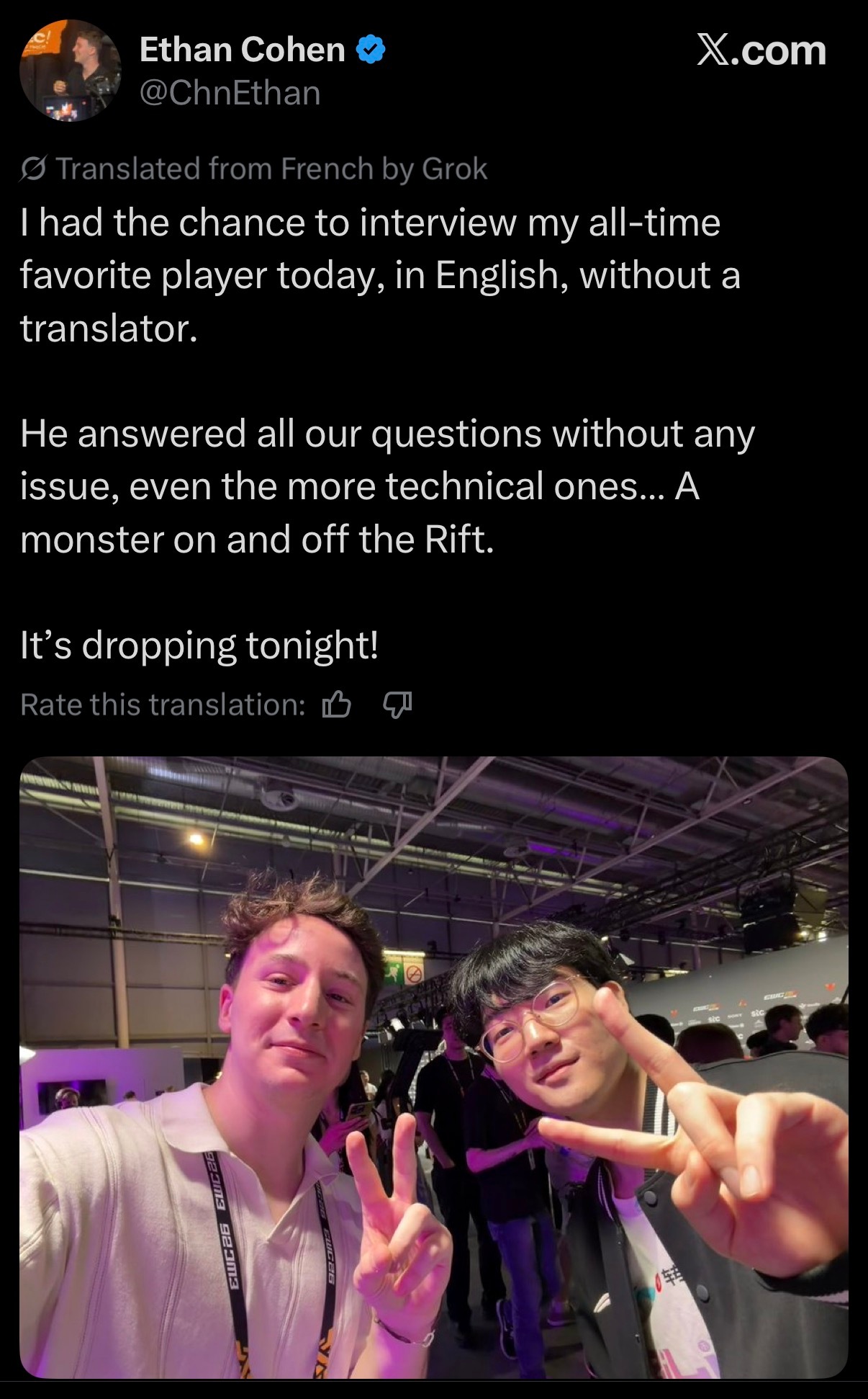 RFT.GG记者在采访Viper后更新推特：“今天我有幸采访了我一直以来最喜欢的