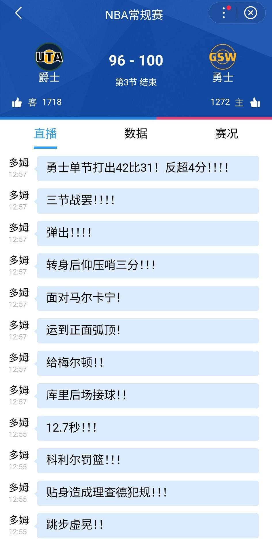 第三节库里打得是真好，单节20分，职业生涯第45次单节20+。
第三节结束，勇士