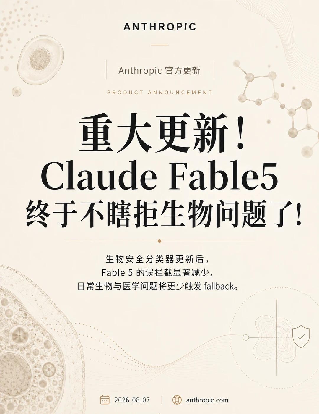 重大更新！Claude Fable5 不再乱拒生物问题
Anthropic 更新