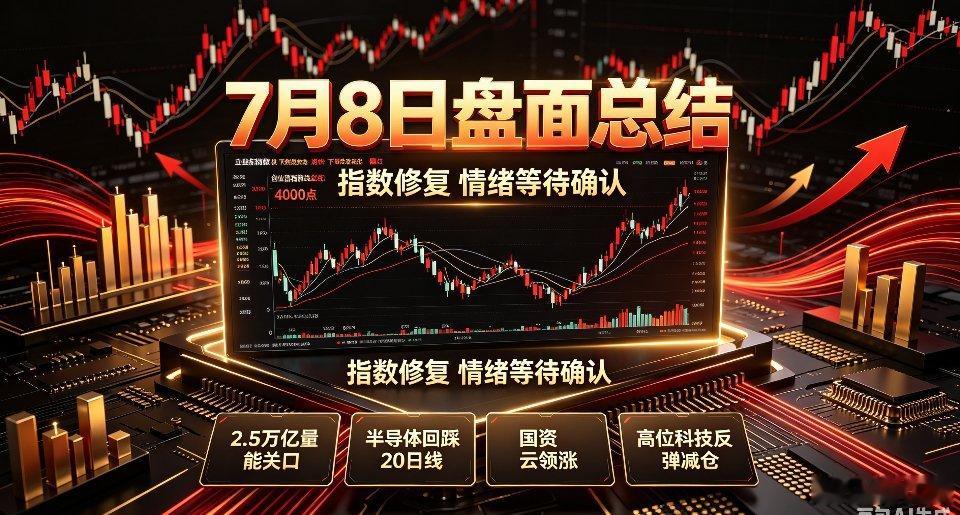 7.8盘中复盘精简｜指数收复4000点，缩量超跌修复，高位科技反弹以减仓为主风险