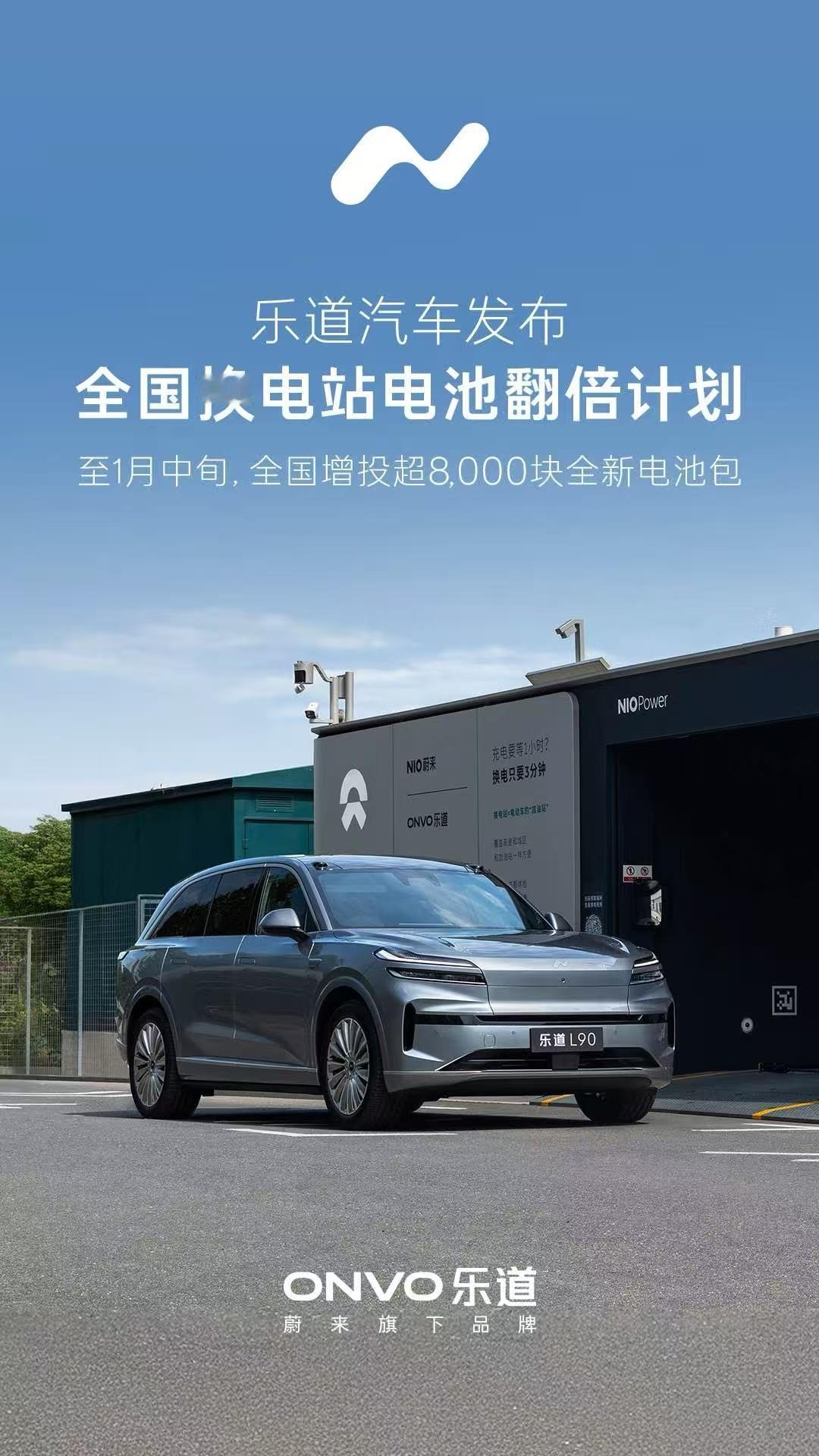 乐道汽车发布全国换电站电池翻倍计划，明年1月中旬之前，全国会增投8000块全新电