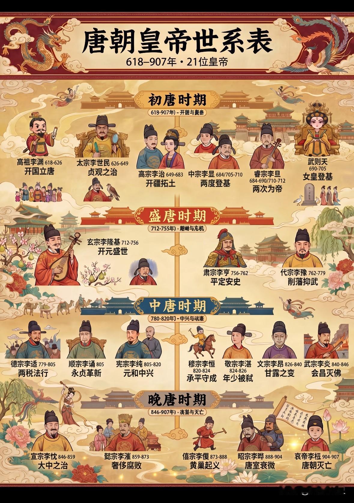 一图看懂唐朝皇帝世系
这张《唐朝皇帝世系表》，如同一幅浓缩的历史长卷，将大唐王朝