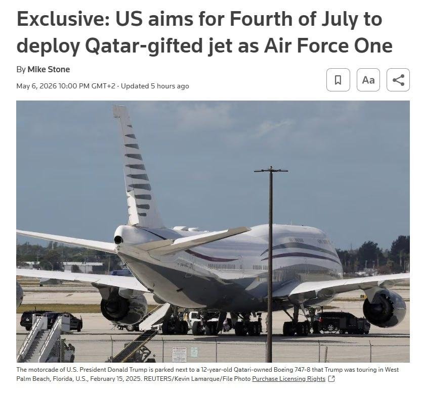 据路透社报道，美国空军计划在7月4日前将卡塔尔赠送的波音747飞机整备完毕，以便