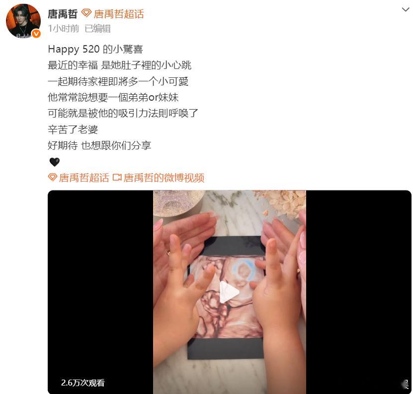 唐禹哲宣布三胎唐禹哲老婆怀二胎 20日，宣布老婆怀二胎：“最近的幸福，是她腹中小