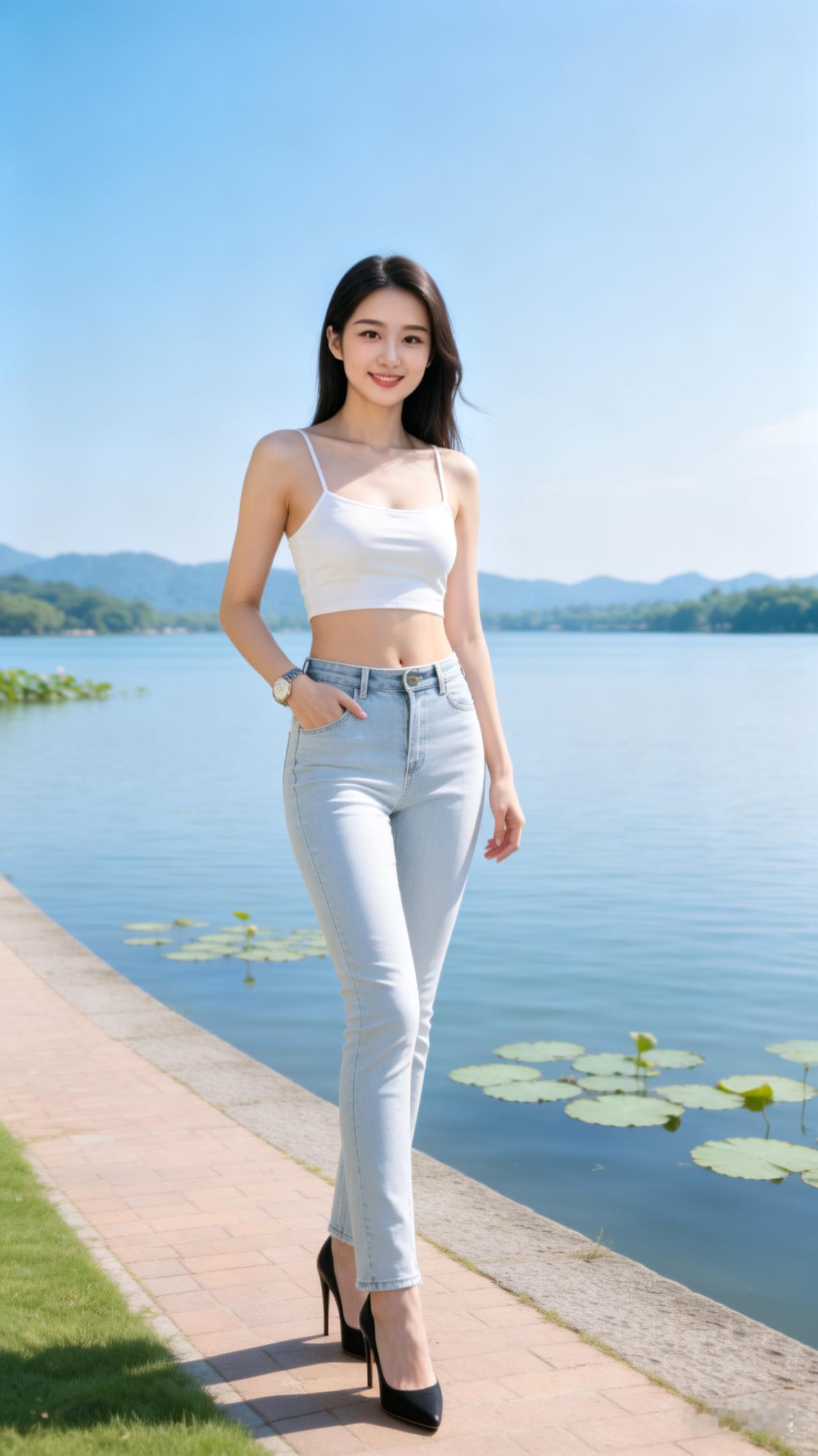 白衣吊带少女身姿清丽，浅色系紧身牛仔裤利落修身，漫步西湖清幽小路。湖面碧波荡漾，