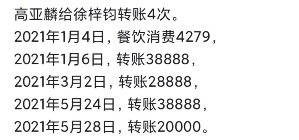 网友都说高亚麟出手大方，给徐梓钧转账几万几万的给。其实以高亚麟的经济能力，这也不