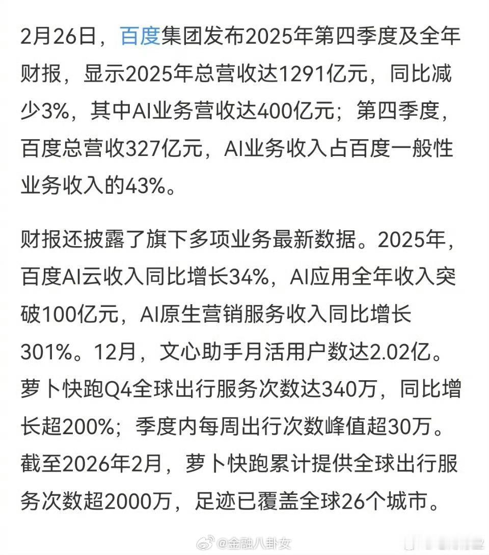 百度2025财年营收1291亿元，净利润56亿元，依旧赚钱