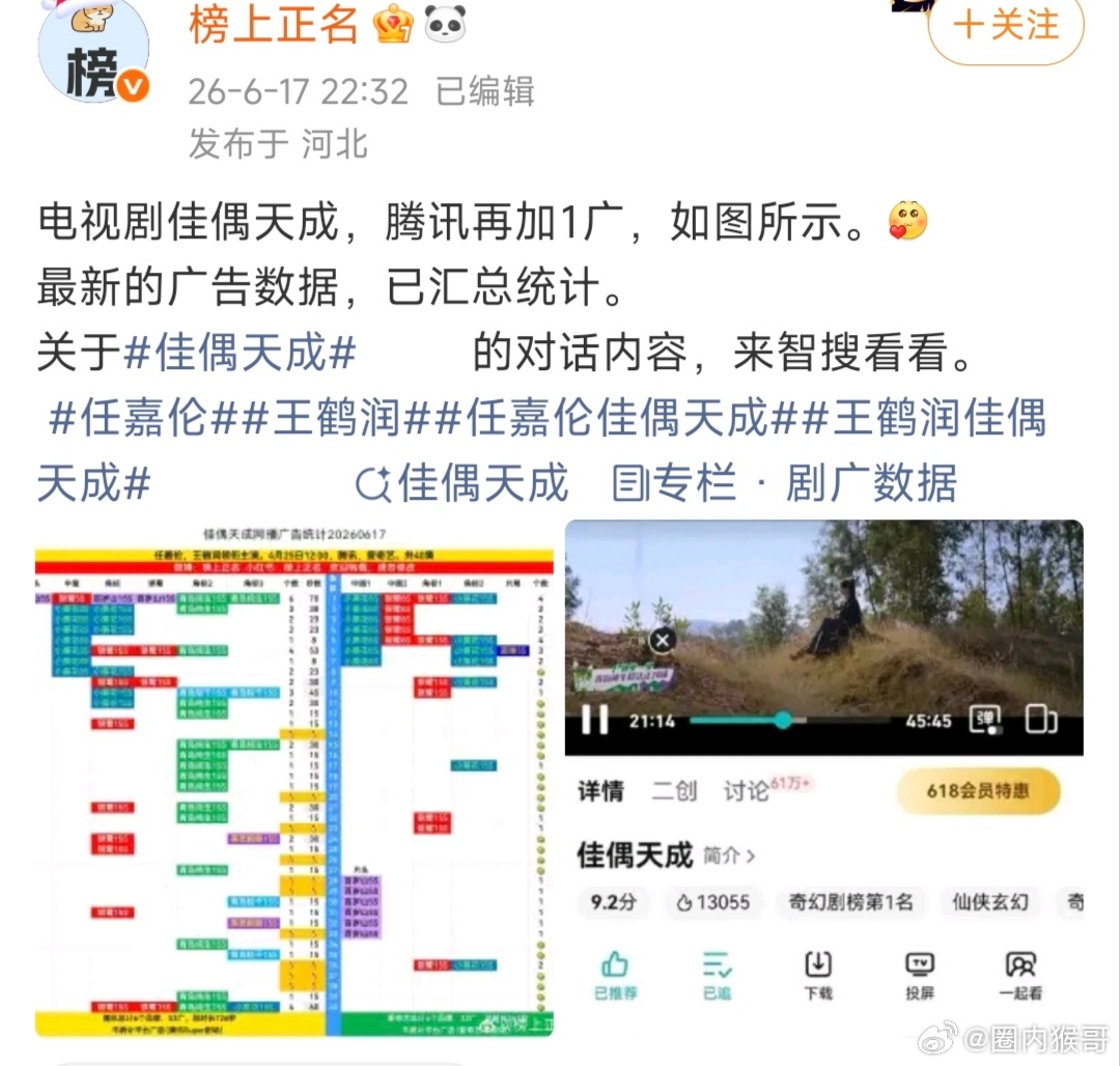 任嘉伦的佳偶天成超点后，已经第8次还是第9次加广了来着？陆千乔真的太可怕了。 