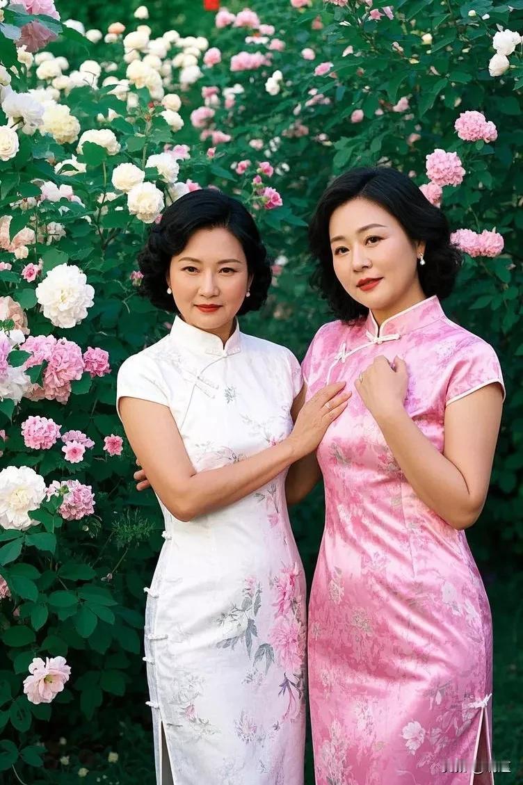 《旗袍姐妹》
 
姐妹旗袍立花丛，
一着白裳一粉容。
玉手轻抬花簇拥，
娇颜浅笑