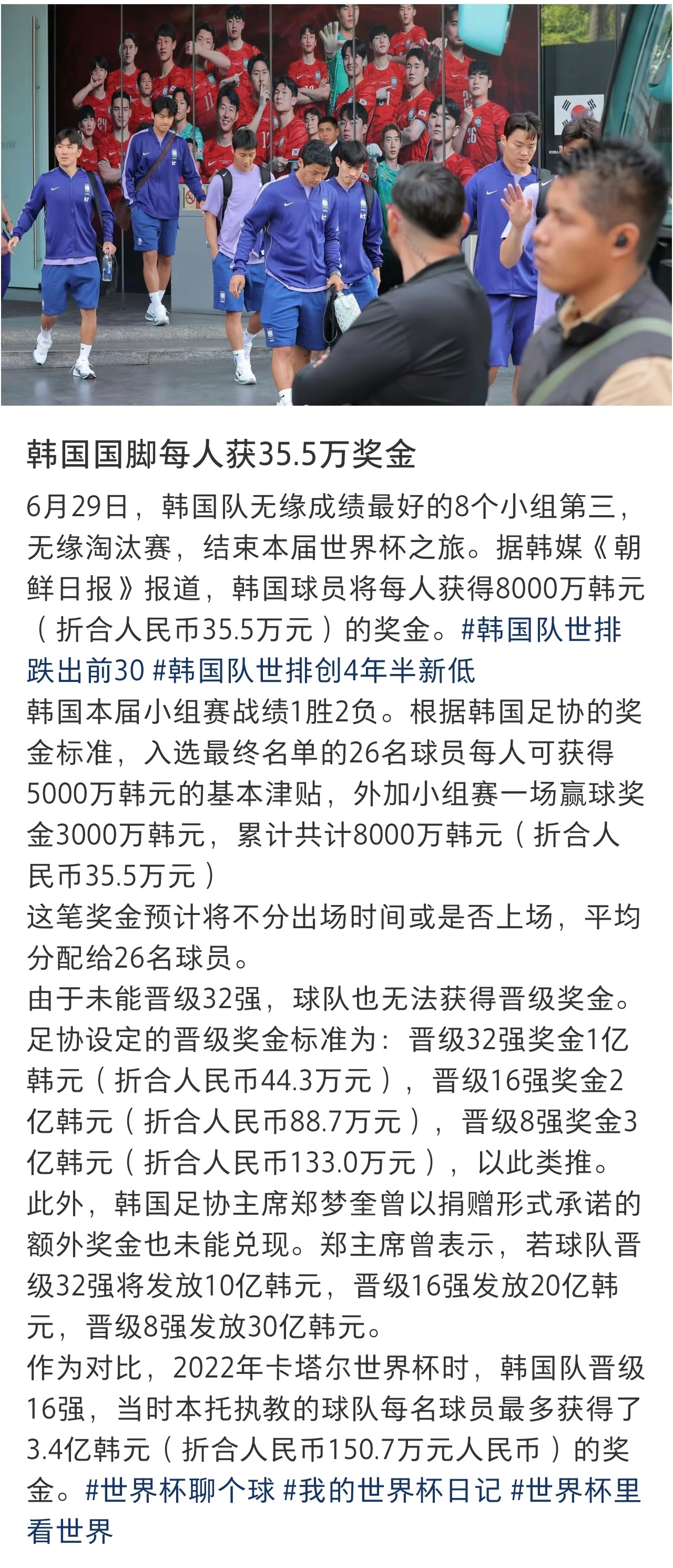 韩国国脚每人获35.5万奖金韩国队启程回国，每人将获35.5万元（合人民币）奖金