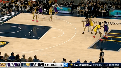 湖人失误多了，步行者打出8-0高潮。湖人vs步行者