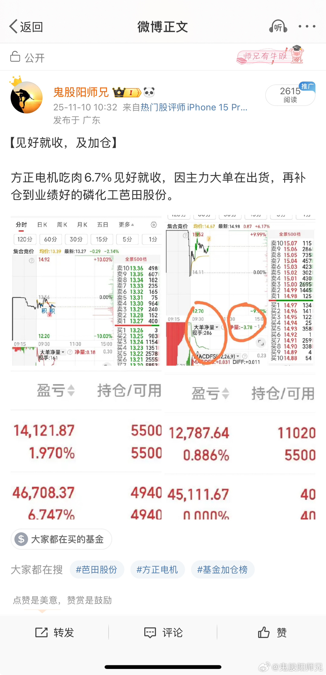 【主力净流入在大流出，咱就走】如果海陆重工和方正电机不按原则出，则少赚不少。主力