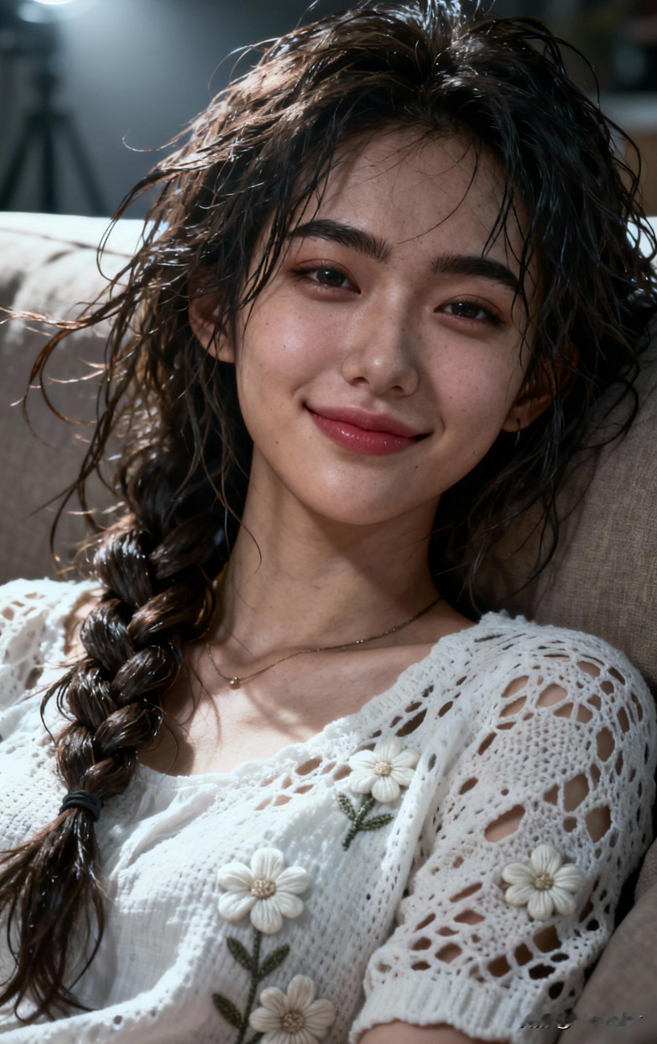 甜美少女风，温柔微笑，花边毛衣，自然卷发，清新自然