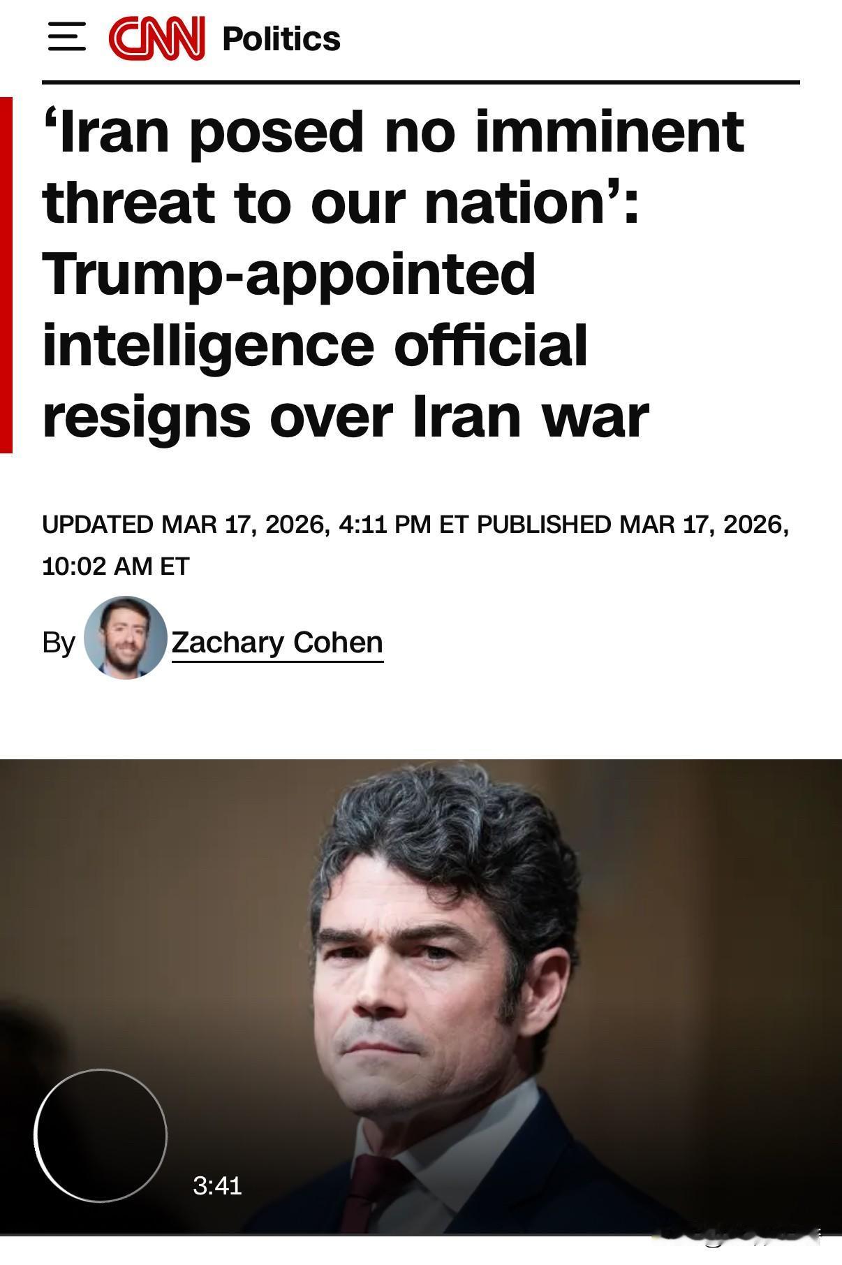 这位叫肯特的美国高官辞职，反映出川普团队对伊朗作战的分歧，若战争持续这种分歧还会