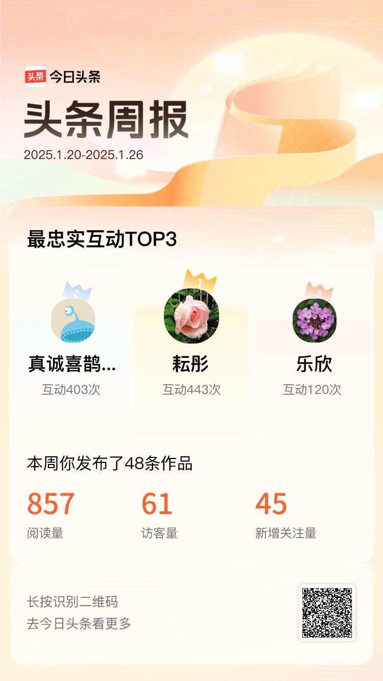 周报数据出炉！上周跟我互动最为频繁的小伙伴是@耘彤@真诚喜鹊XTD@乐欣，在头条