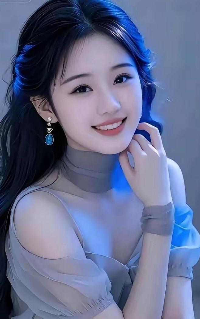 梦幻蓝调少女，温柔微笑，优雅迷人
