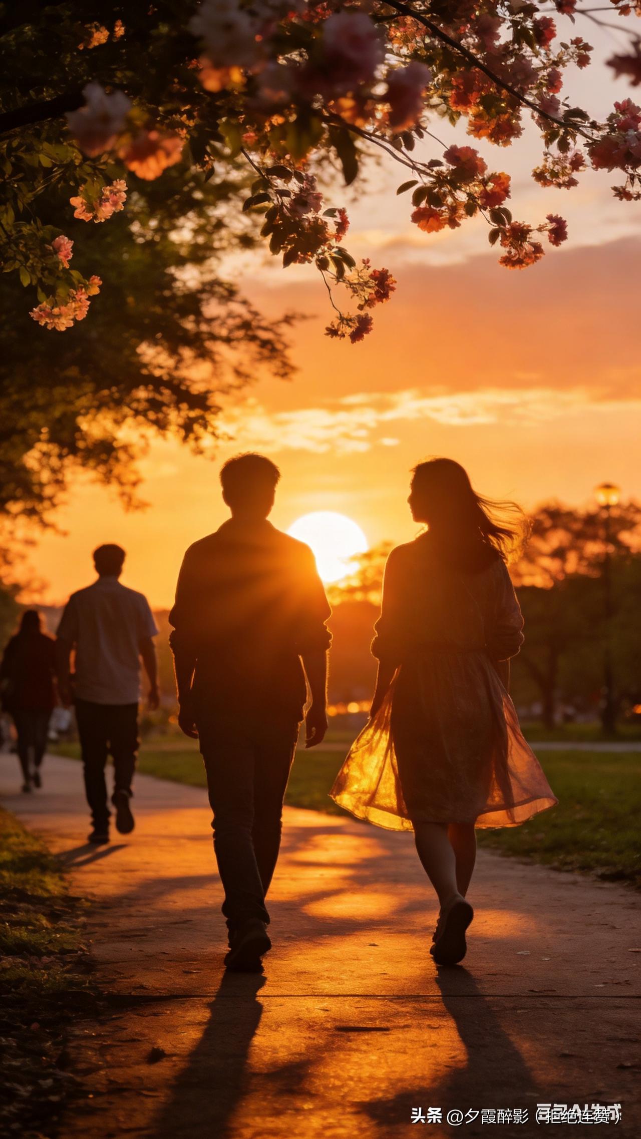 晚饭后约上好友，慢悠悠去公园散步。
落日余晖还映红了天边，晚风裹着刚绽放的花香，