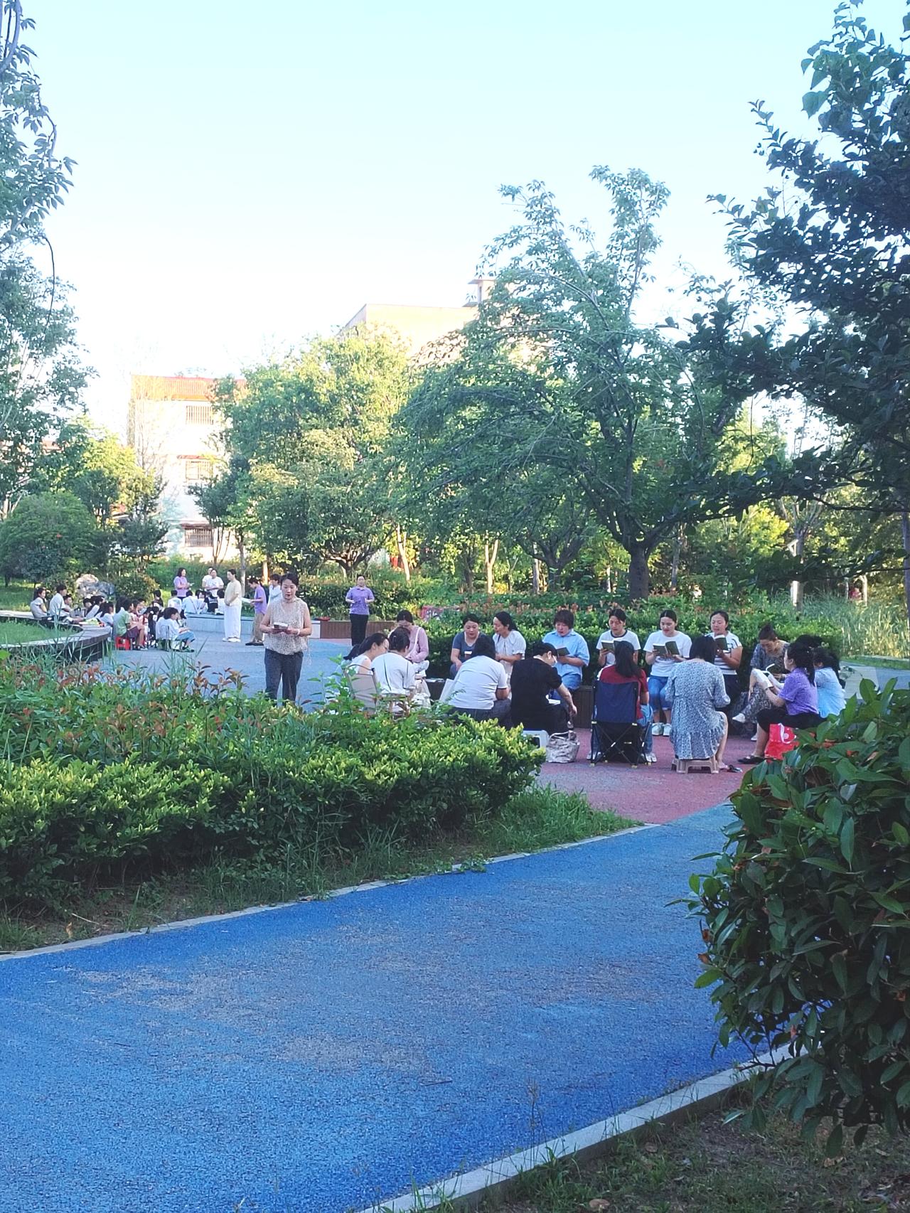 今天早晨去千字文文化公园散步，看到学生们在老师的带领下，正在公园晨读，看到这画面