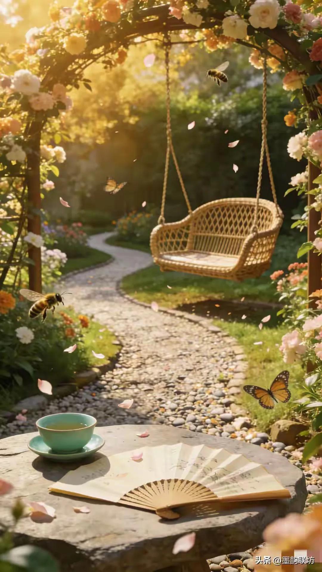 花香满径蜂蝶舞，
鸟语鸣枝男女观。
横批：《花香与鸟语》