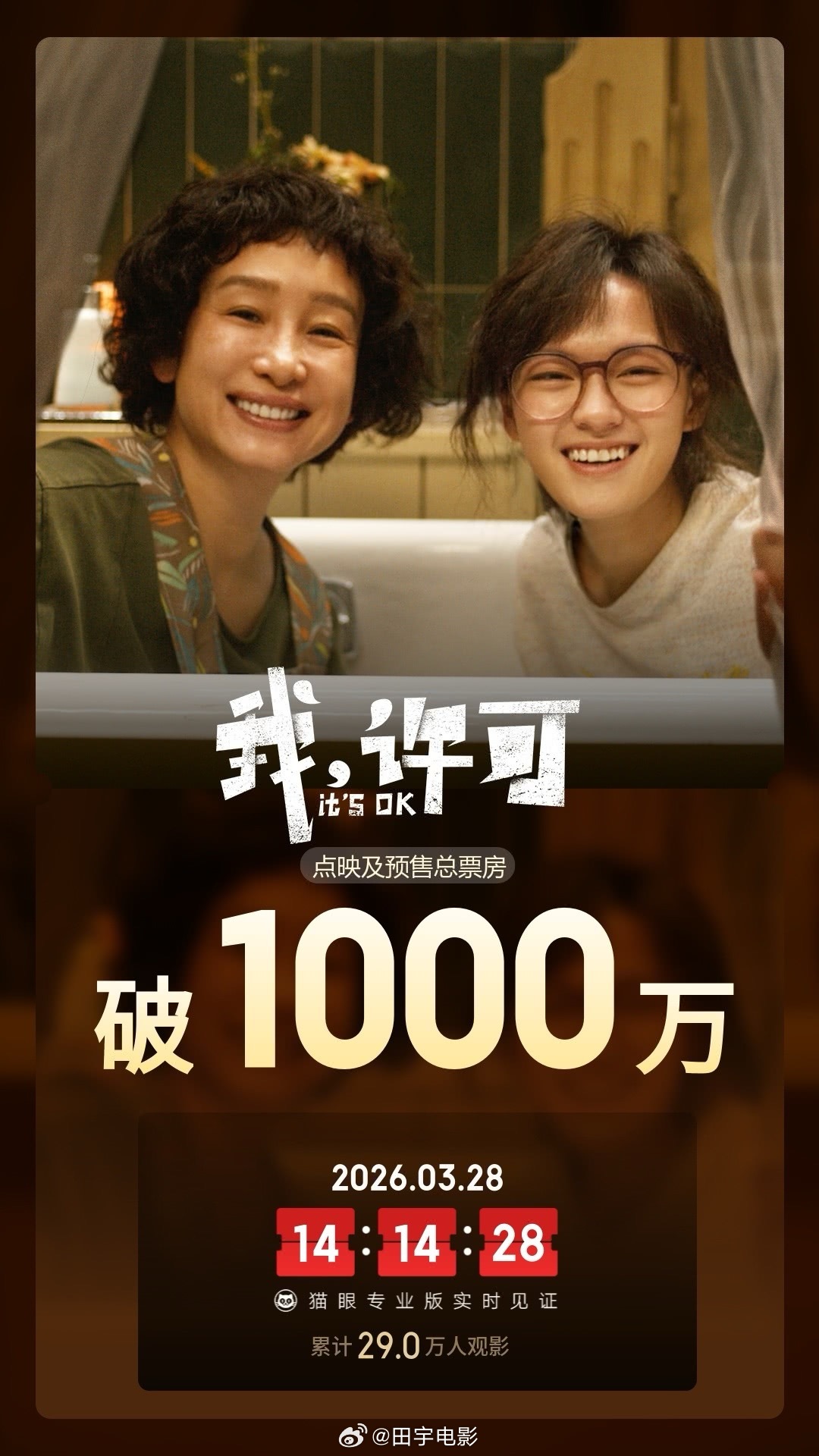 我许可预售票房破1000万《我，许可》👓距正式上映前6天，点映及预售票房破10