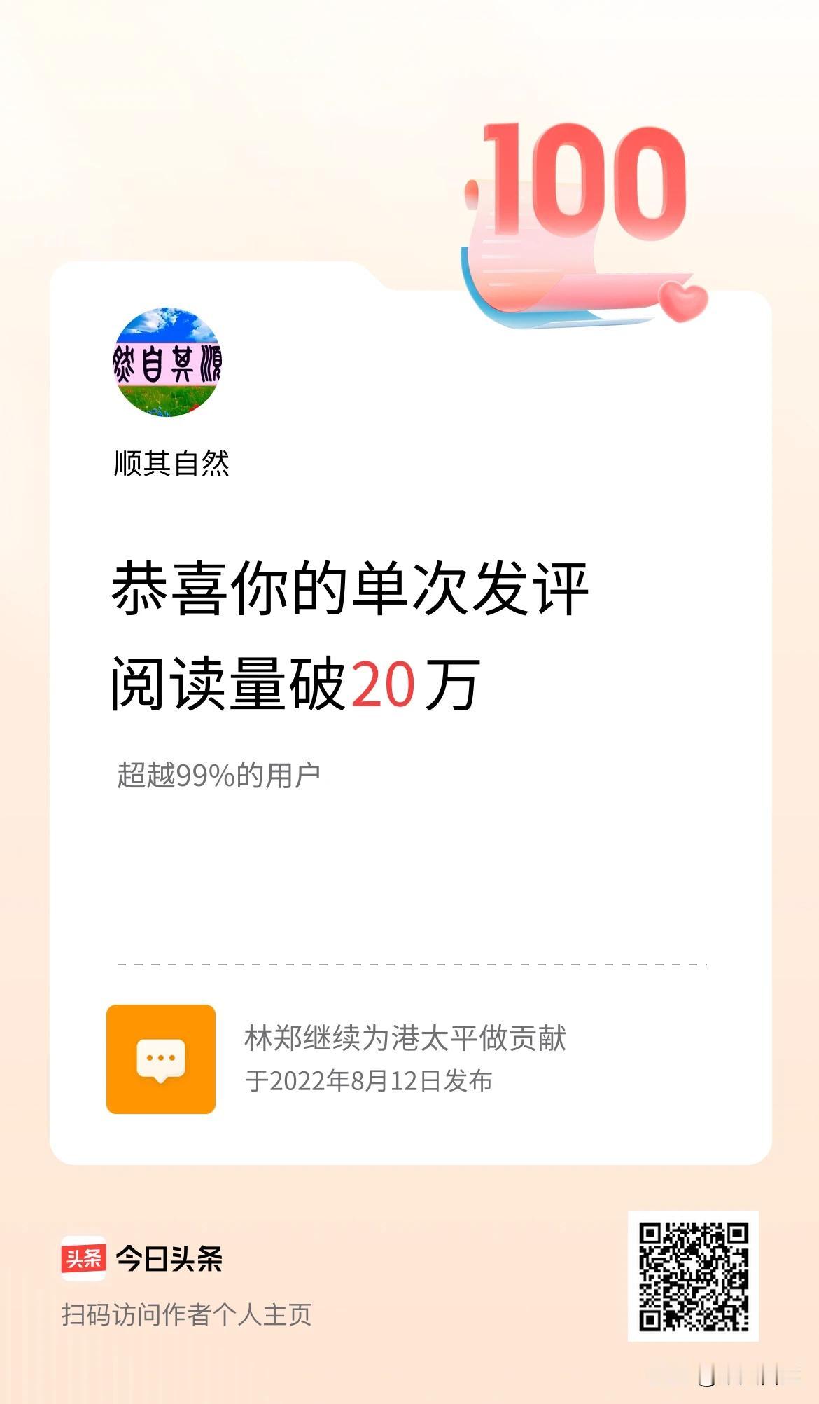 意外惊喜，突然收到头条反馈，一条留言收获20万阅读，记录一次小小的高光时刻；
无