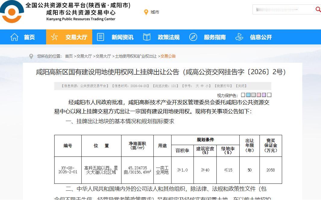 快讯！日前，咸阳土地招拍挂市场推出高新区1宗45.23的国有建设用地，以网上挂牌