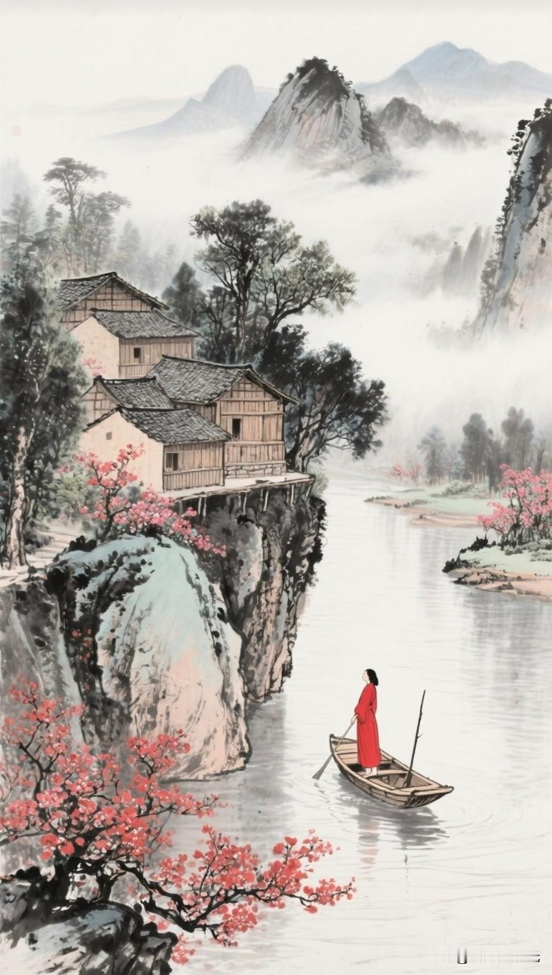 云雾缭绕山水间，桃花溪畔觅仙踪。
美如画nKx国风插画分享
桃花源 国风插画