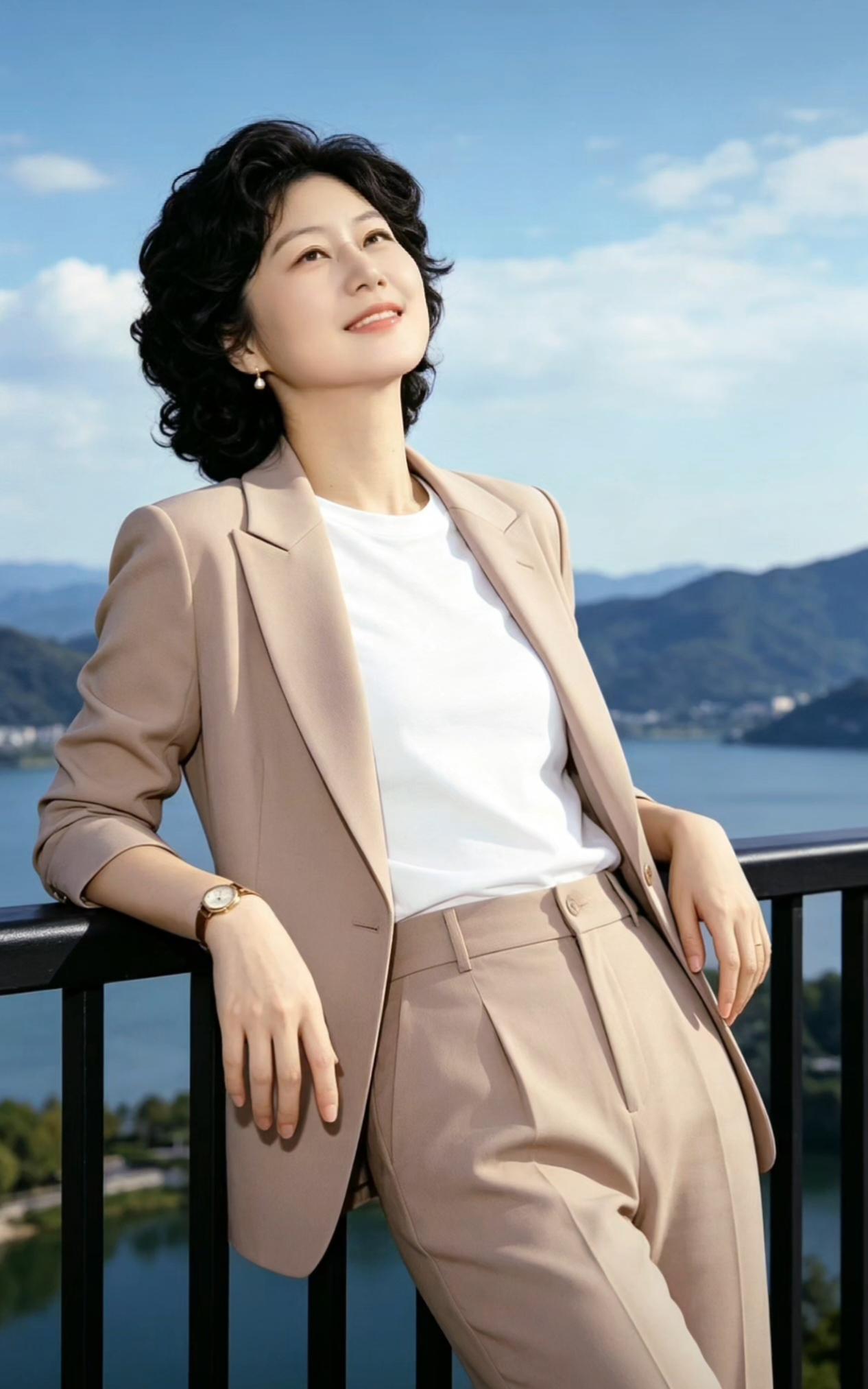 这位女士靠在栏杆上，享受着美景。