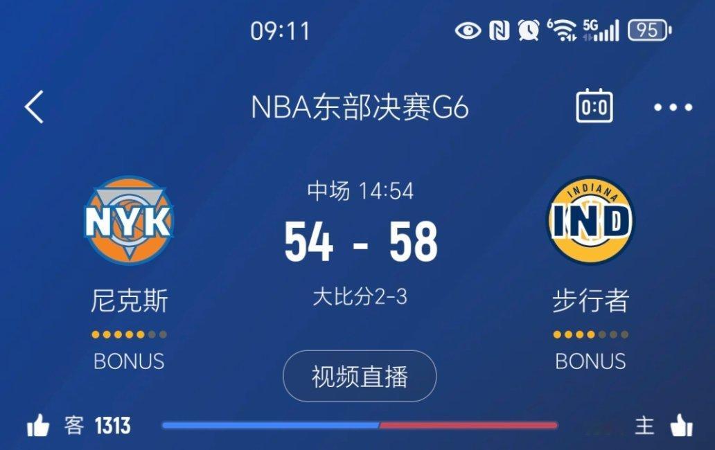 上半场结束，尼克斯落后4分。尼克斯vs步行者 ​​​