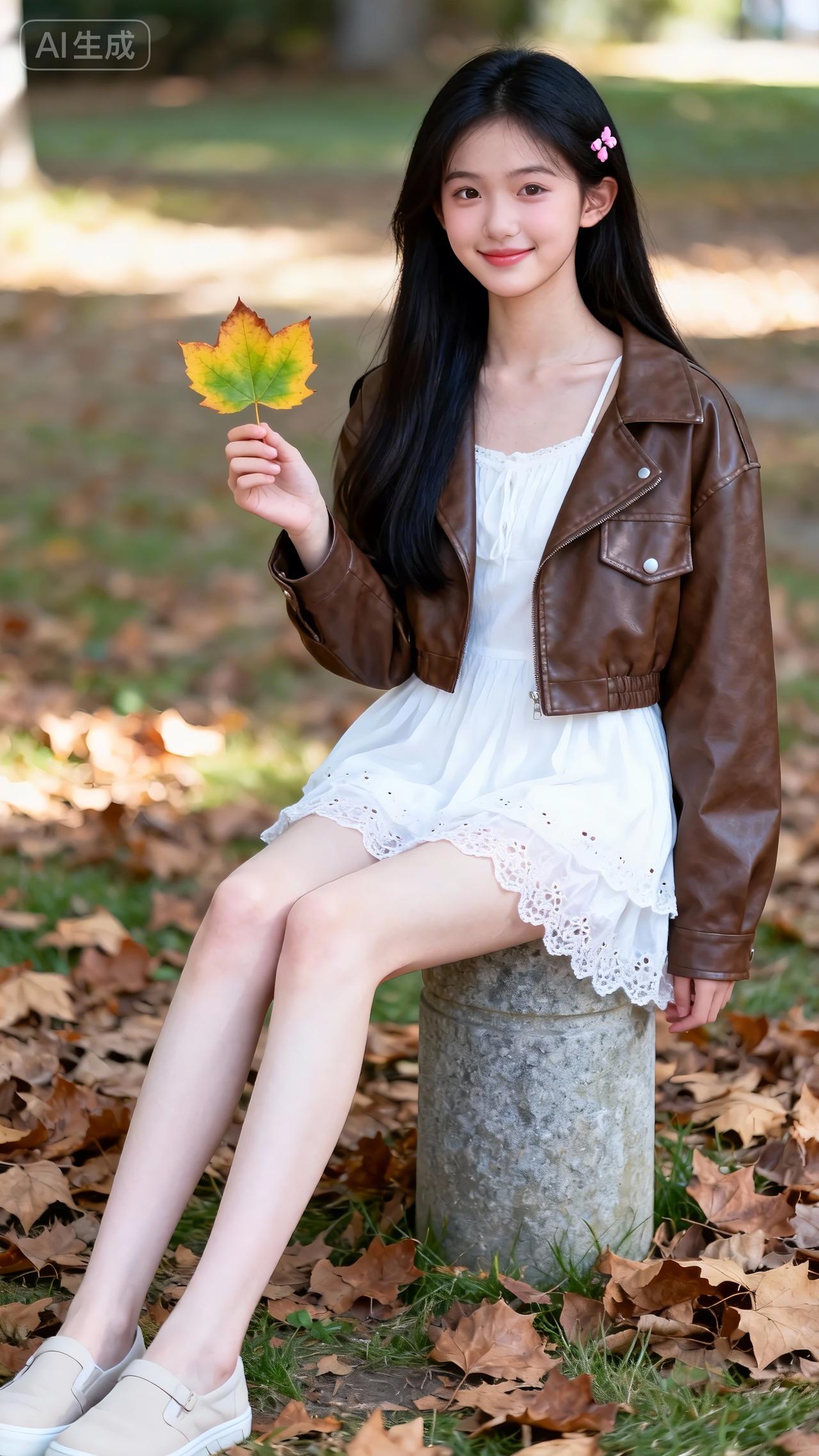 秋光裹满石阶，棕皮衣搭白蕾丝裙，发梢别着粉花的她，指尖捏着半黄枫叶笑眼弯弯——连