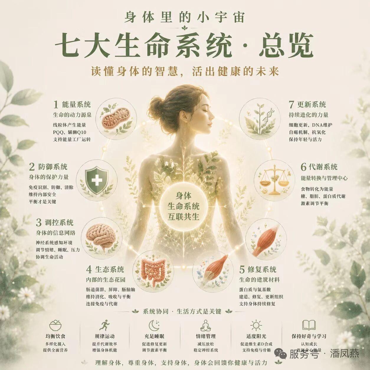 人体的七大生命系统宛如一支配合精密的团队，齐心协力守护着我们的健康！

身体系统
