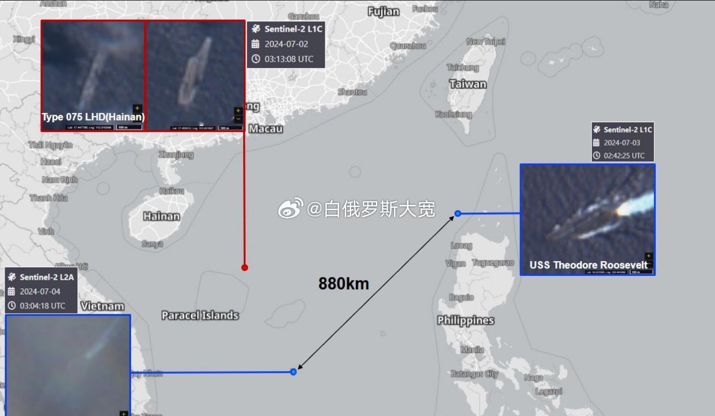 7月4日，美国罗斯福号(CVN-71)航母打击群在我中建岛东南方420km处被发