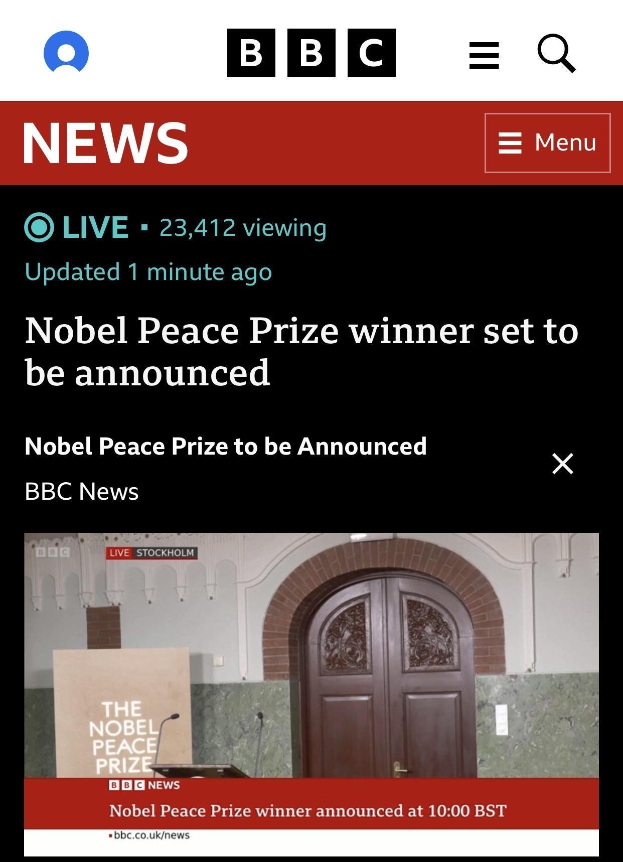 英国广播公司(BBC)官网10月10日报道：今年诺贝尔和平奖得主是 来自委内瑞拉